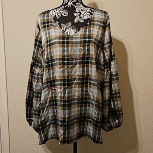First Love by Lovelyn Plaid Flannel Print Lantern Sleeve Blouse  CLEARANCE